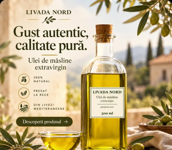 Rezultatul cu promptul simplu: eticheta e corectă, dar apar „100% natural” și „din livezi mediteraneene”